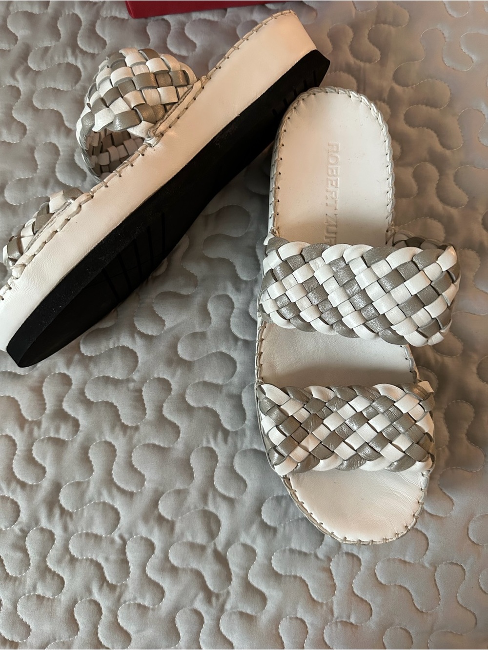 Robert Zur White and Silver Braided Double-Strap Leather  Slides
